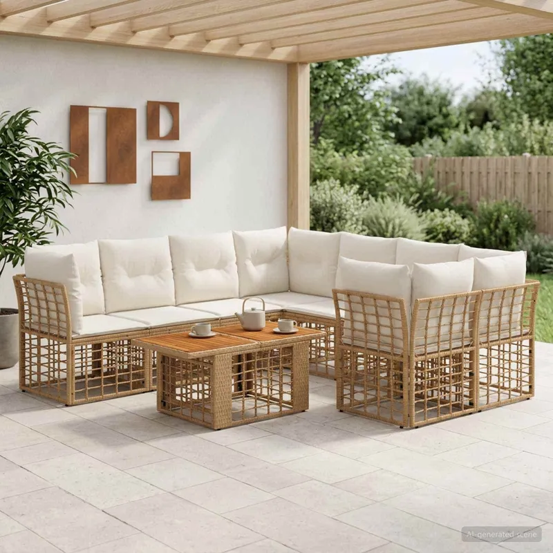 Gartensofa-set 9 stk. Natürlich und Cremweiß Poly-Rattan