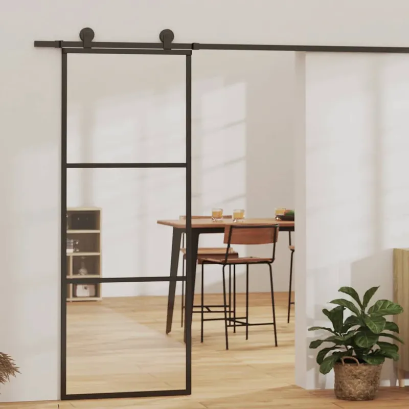 Porte coulissante 3 panneaux Verre ESG et aluminium 76x205 cm Noir