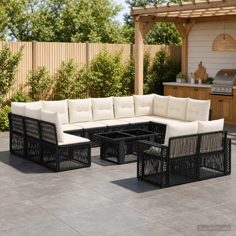 Gartensofa-set 13 stk. Schwarz und Cremeweiß Poly-Rattan