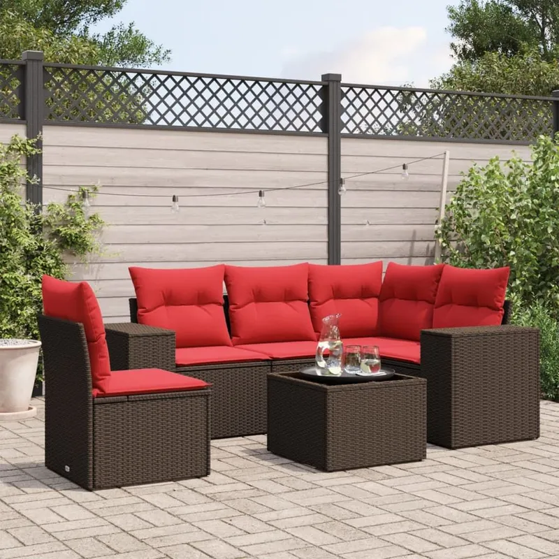 6 pezzi set divano da giardino con cuscini, marrone, polyrattan
