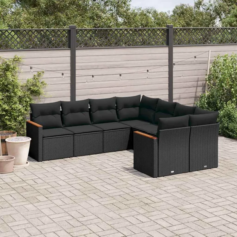 8-tlg. garden sofa set with cushions black Poly Rattan