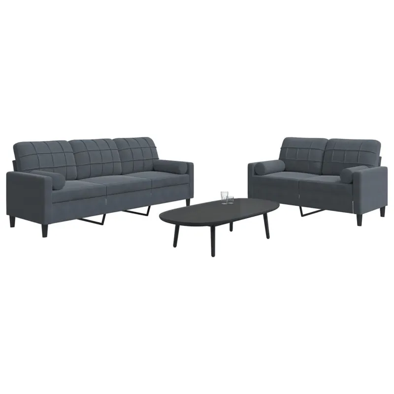 2 pz. set divano con cuscini e Nackenrollen grigio scuro velluto