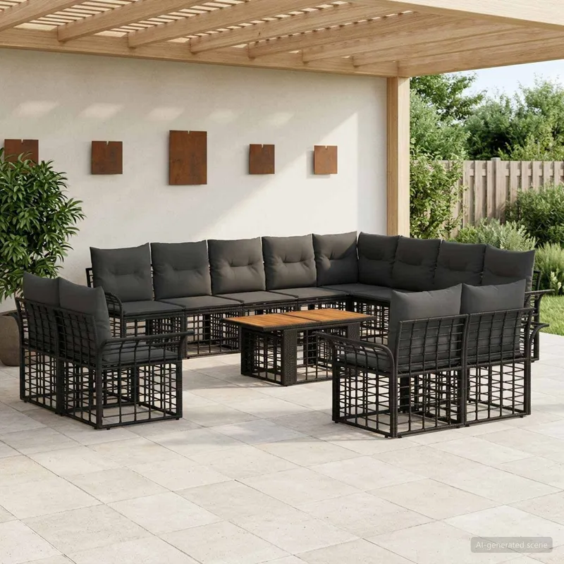 Gartensofa-set 13 stk. Schwarz und Dunkelgrau Poly-Rattan