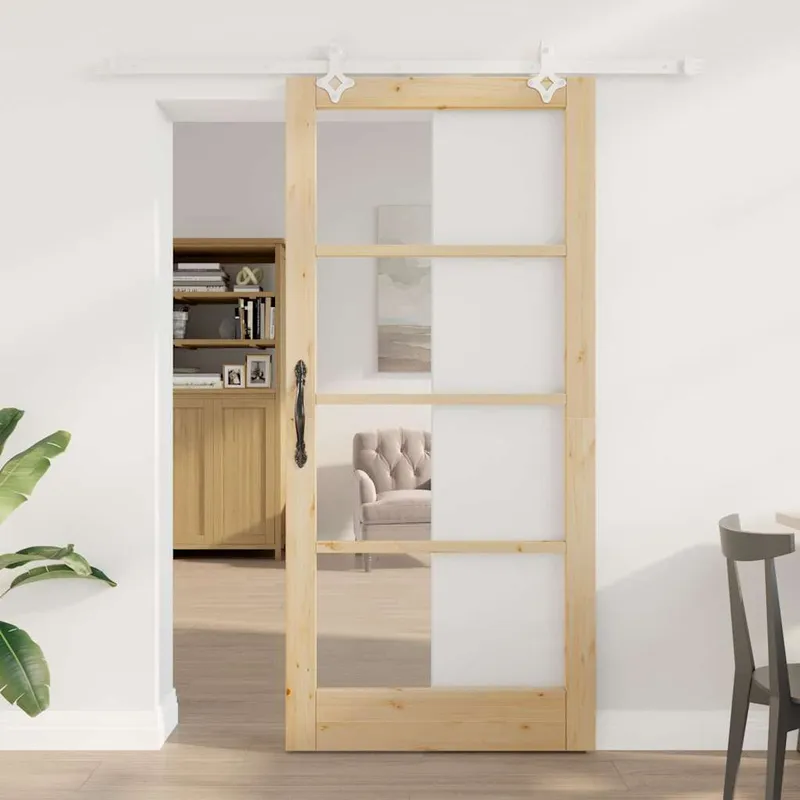 Porte coulissante 93 x 202 cm Bois de pin massif et verre