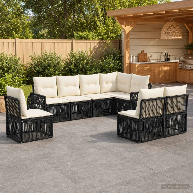 Gartensofa-set 8 stk. Schwarz und Cremeweiß Poly-Rattan