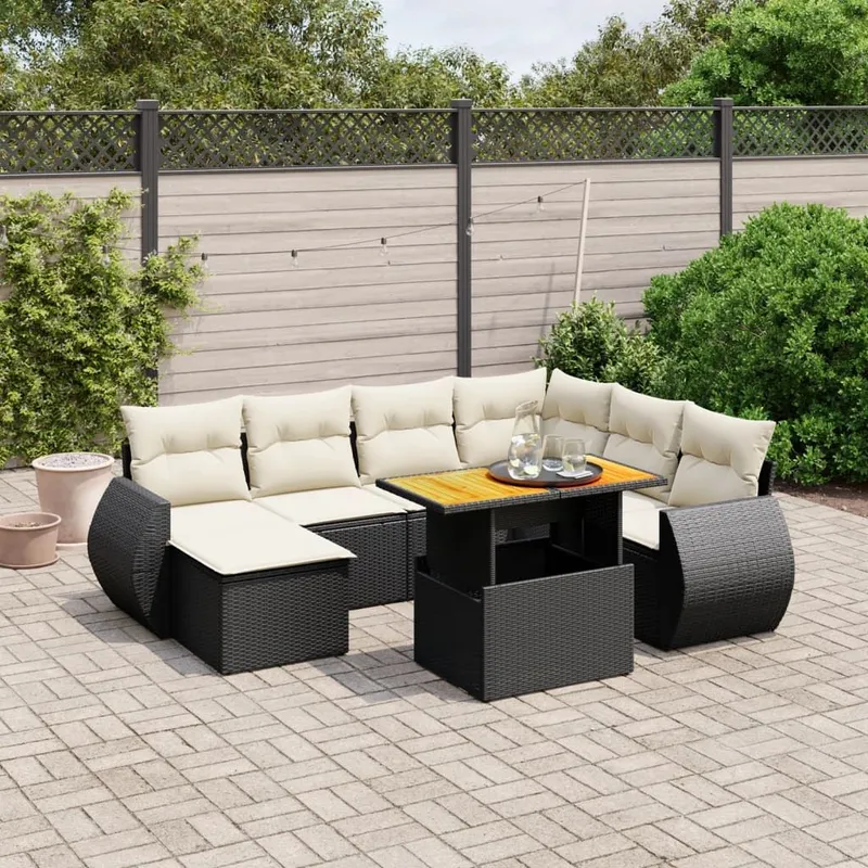 8-tlg. set divano da giardino con cuscini nero Poly Rattan