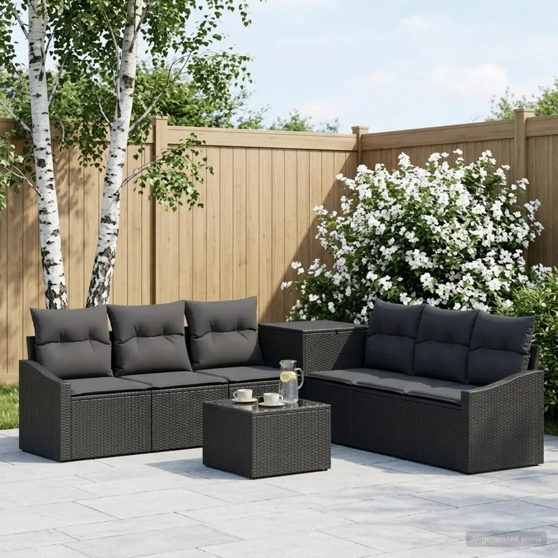 divano Set 8 pz. nero polyrattan e acciaio