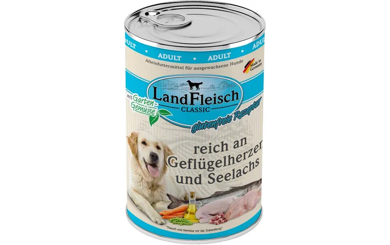 LandFleisch Nassfutter Classic Geflügelherzen und Seelachs, 400 g