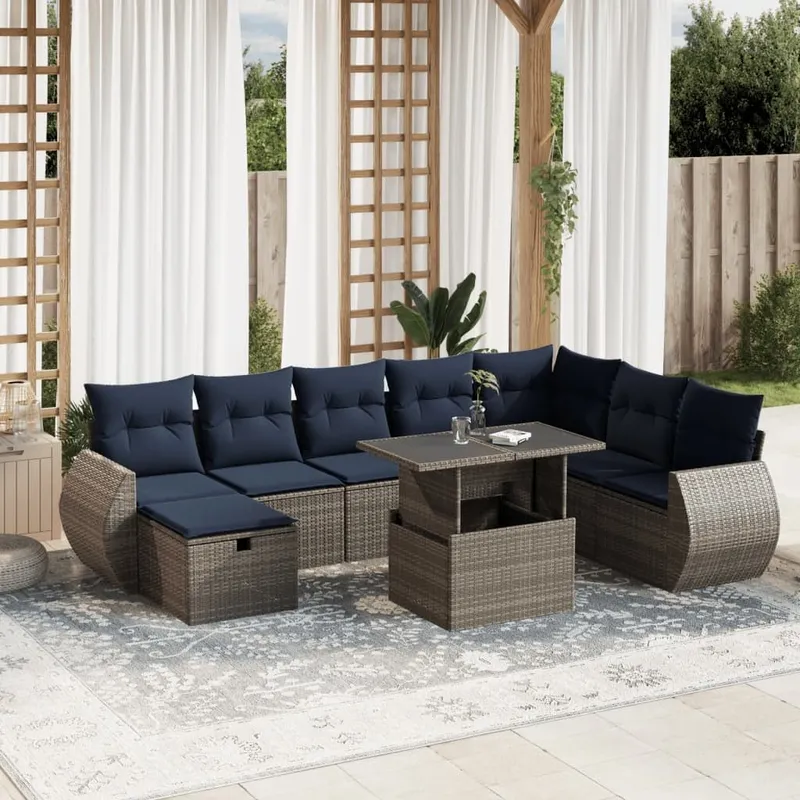 9-teiliges Gartensofa-Set mit Kissen, grau, Polyrattan
