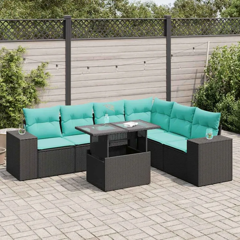 7-tlg. Garten-Sofagarnitur mit Kissen Schwarz Poly Rattan