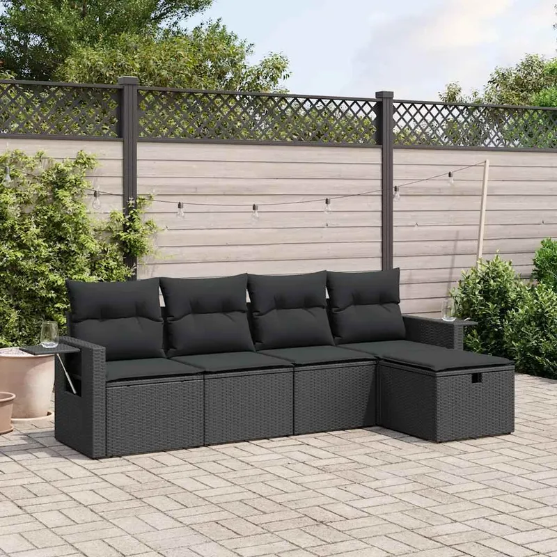 5-tlg. Garten-Sofagarnitur mit Kissen Schwarz Poly Rattan