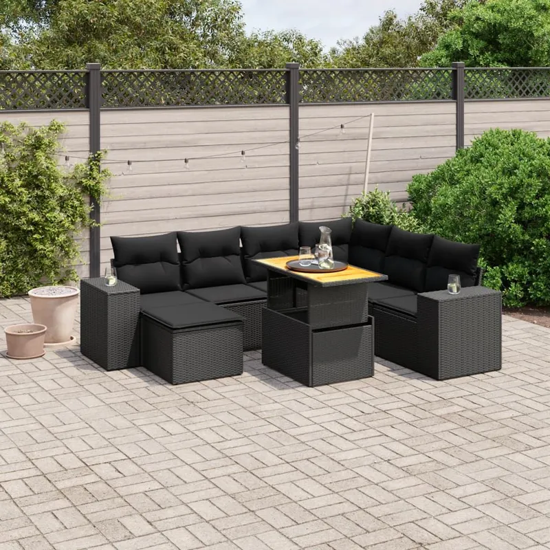 8-tlg. set divano da giardino con cuscini nero Poly Rattan