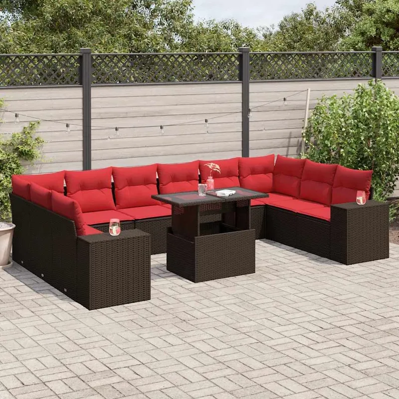 11-teiliges Gartensofa-Set mit Kissen, braun, Polyrattan