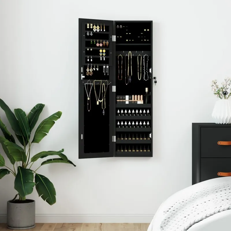 Schmuckschrank mit Spiegel Wandmontage Schwarz 30x8,5x106 cm