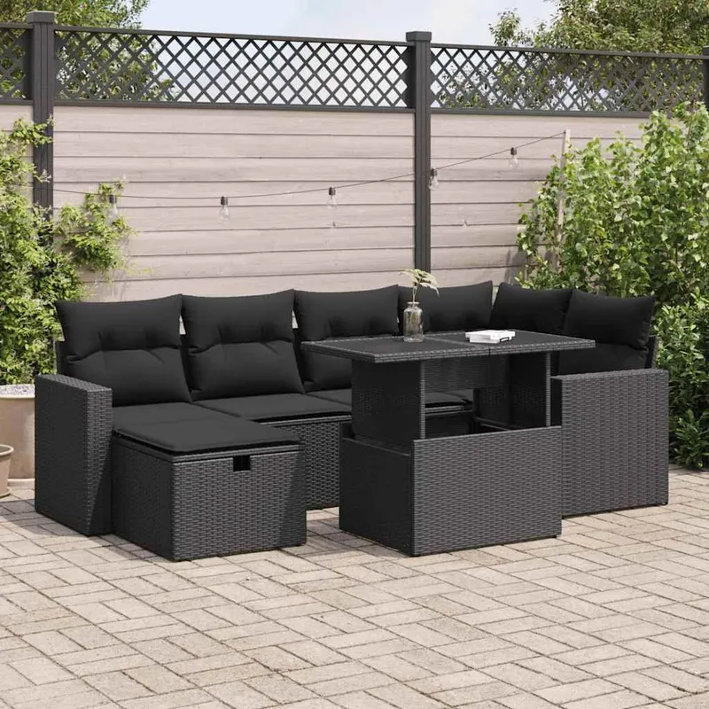 7-tlg. set divano da giardino con cuscini nero Poly Rattan