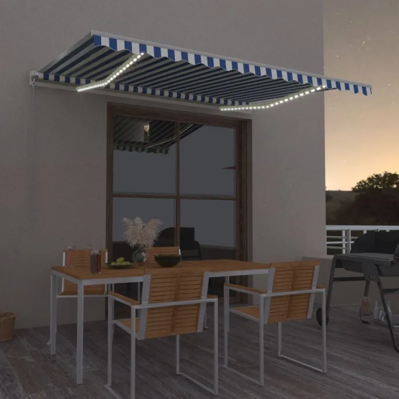 Markise Manuell Einziehbar mit LED 400x300 cm Blau und Weiß