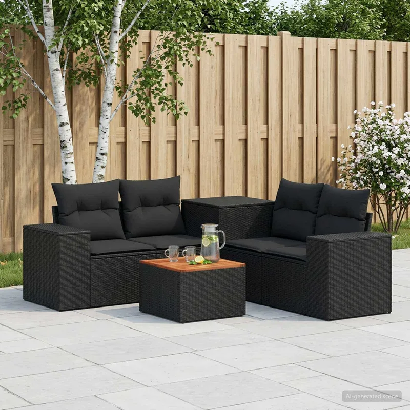 divano Set 6 pz. nero polyrattan e acciaio