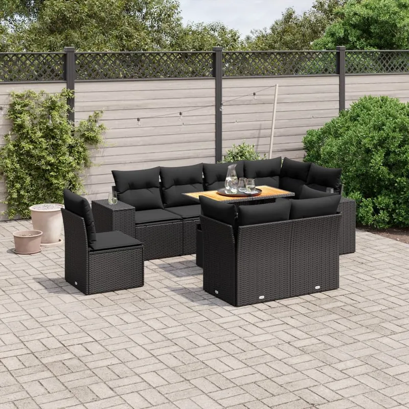 9-tlg. set divano da giardino con cuscini nero Poly Rattan