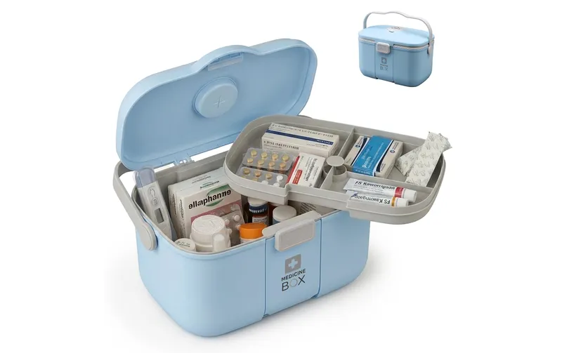 relaxdays Medizinbox aus Kunststoff Grau/Hellblau 17 x 28 x 18 cm