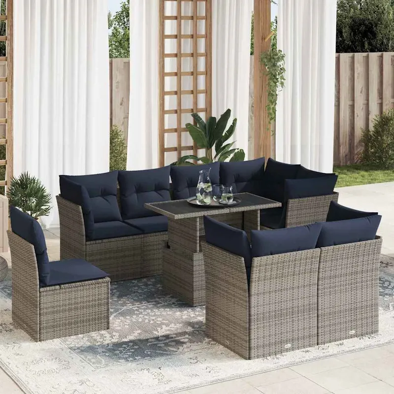 9-tlg. set divano da giardino con cuscini grigio Poly Rattan Akazie