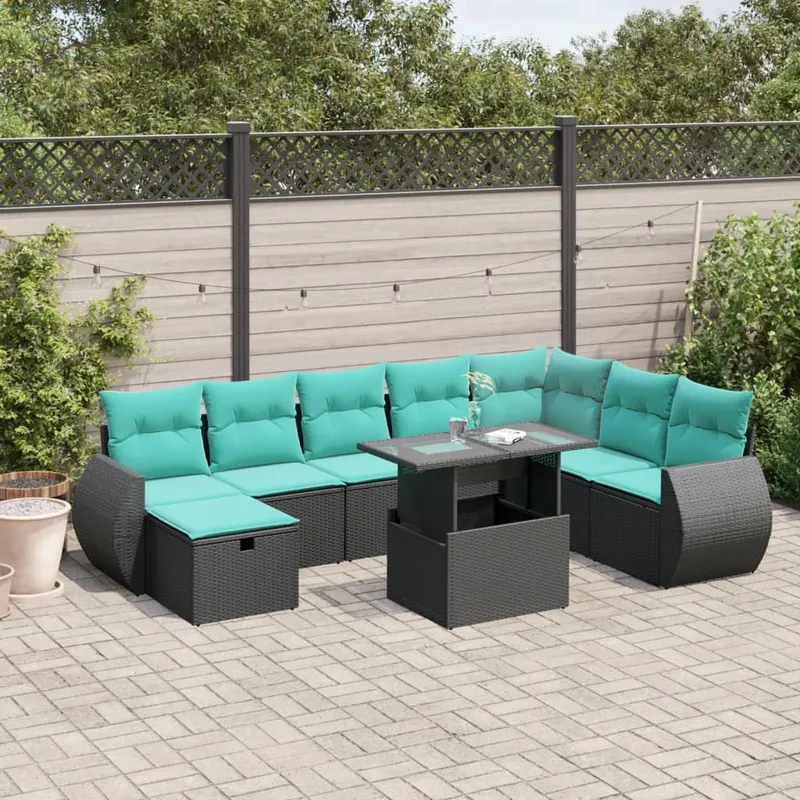 9-teiliges Gartensofa-Set mit Kissen, schwarzes Polyrattan