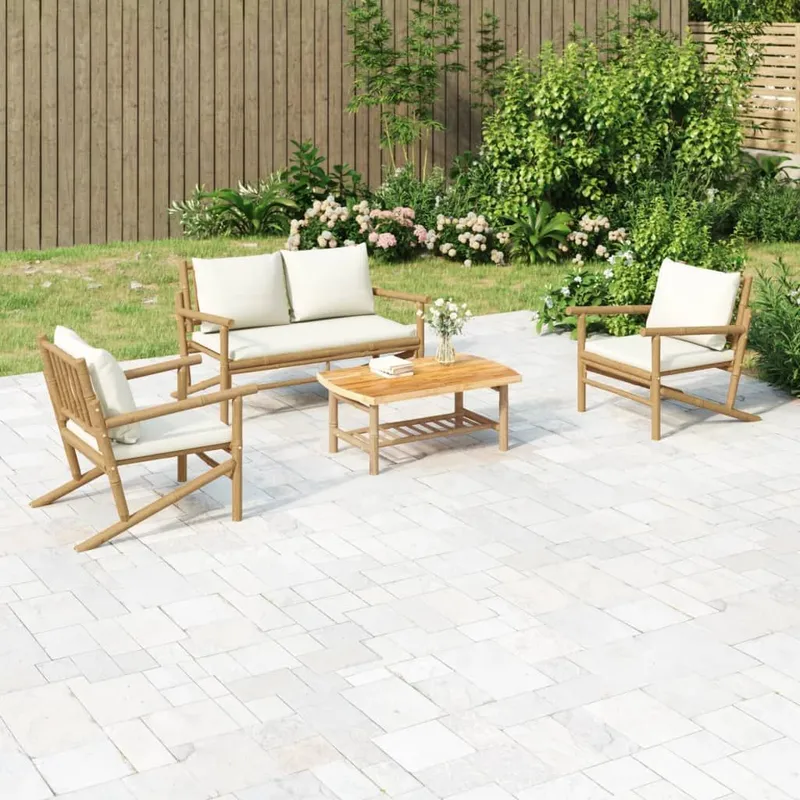 4 pcs Garten-Lounge-Set with Cremeweißen cushions Bambus