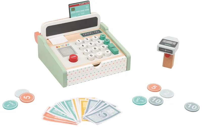 Spielba Holzspielwaren Spielgeld Kasse avec Scanner + Holzrechner