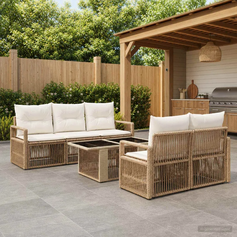 Gartensofa-set 6 stk. Beige und Cremeweiß Poly-Rattan