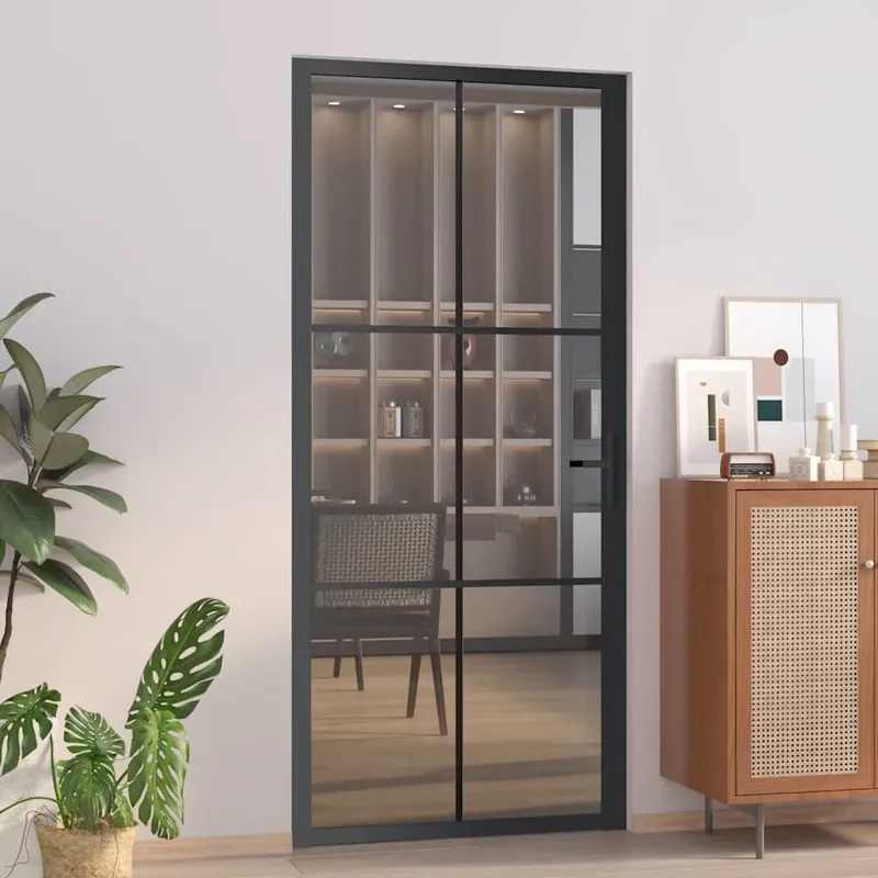 Porte intérieure 93x201,5 cm Noir Verre ESG et aluminium