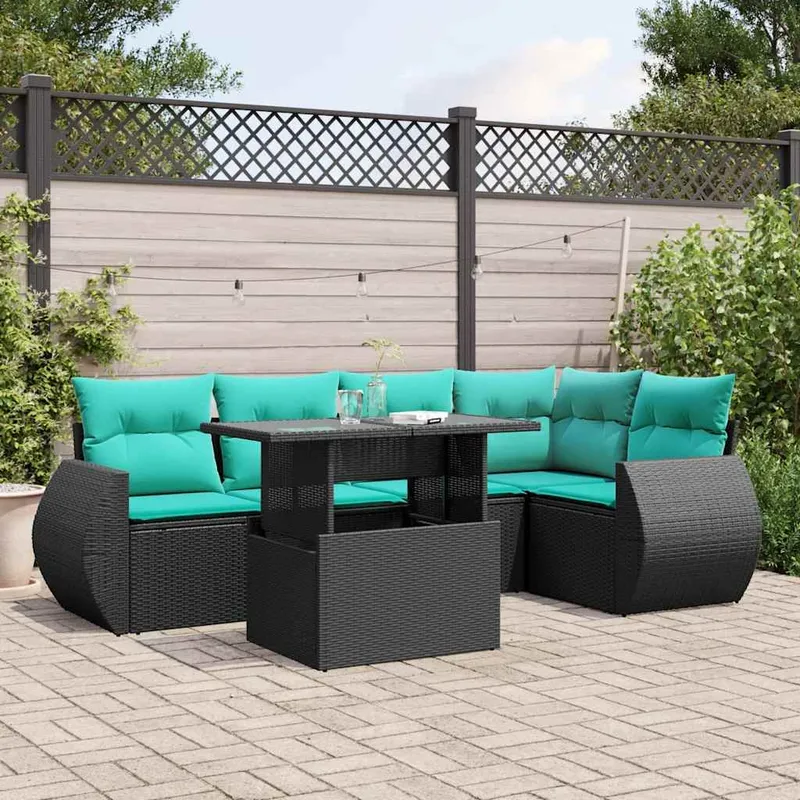 6 pièces salon de jardin avec coussins, noir polyrotin