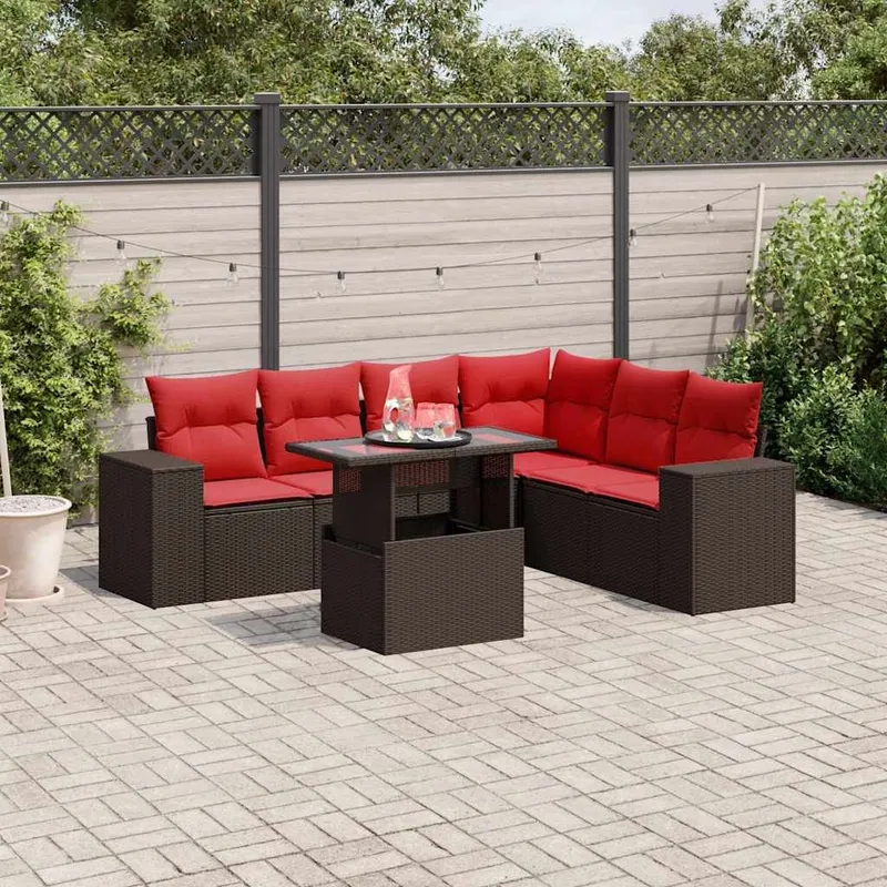 7 pezzi set divano da giardino con cuscini, marrone, polyrattan