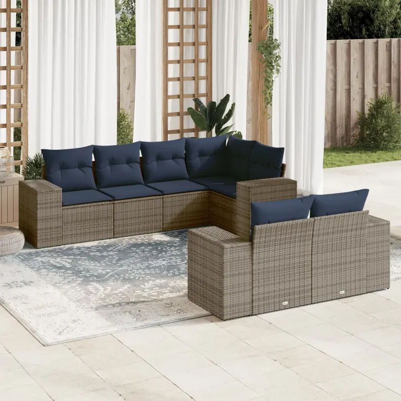 7-teiliges Gartensofa-Set mit Kissen, grau, Polyrattan