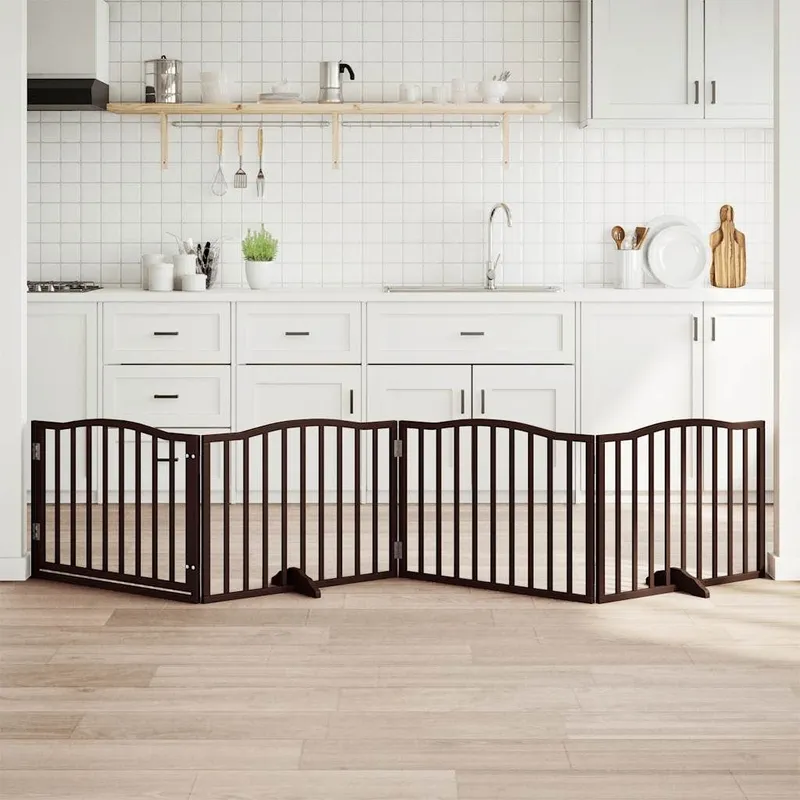 4-tlg. Hundetor mit Tür Faltbar brown Eiche 320 cm Pappelholz
