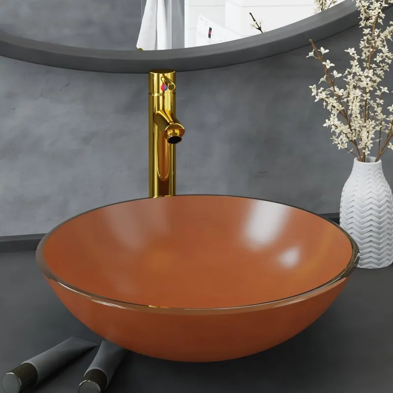 Badezimmer lavabo con Wasserhahn e Ablaufgarnitur marrone