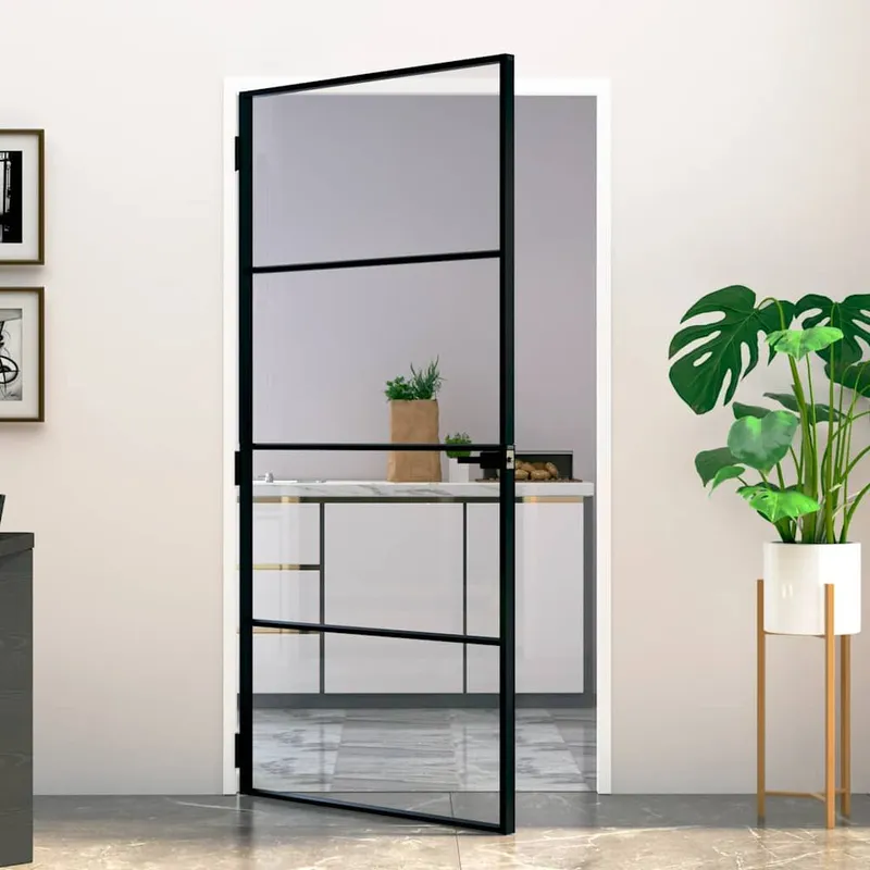 Porte d'intérieur Noir 102x201,5 cm Trempé verre aluminium fin