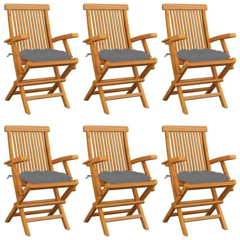 Klappstühle mit grauen Kissen, 6-teilig, Massivholz Teakholz