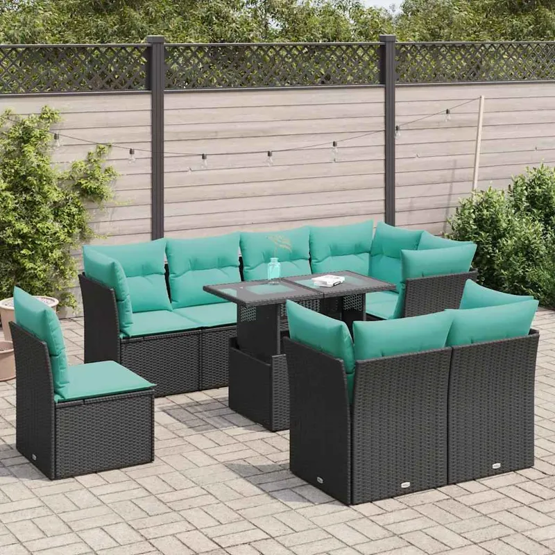9-tlg. Garten-Sofagarnitur mit Kissen Schwarz Poly Rattan