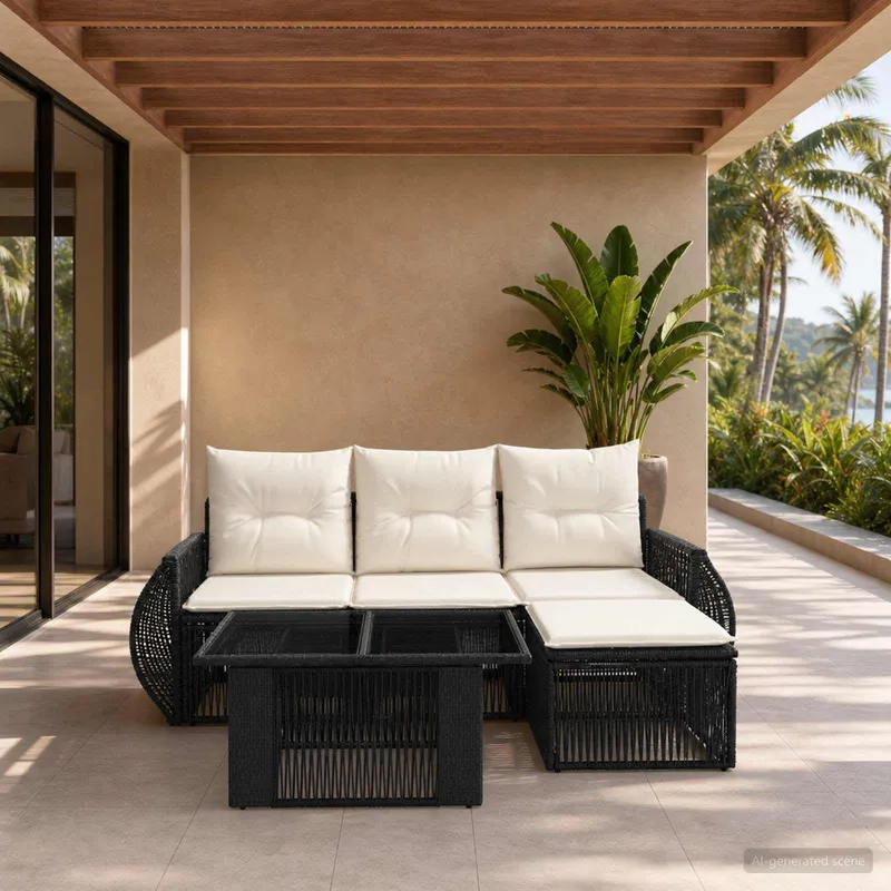 set divano da giardino 5 pz. nero e bianco crema polyrattan