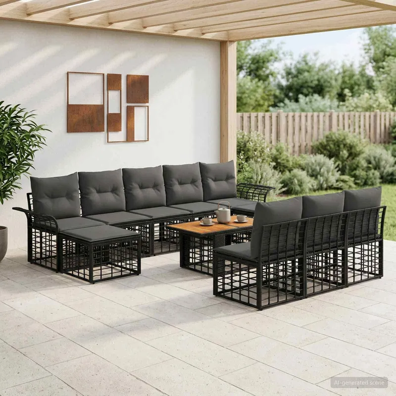Ensemble de canapé de jardin 11 pc Noir et Gris foncé polyrotin