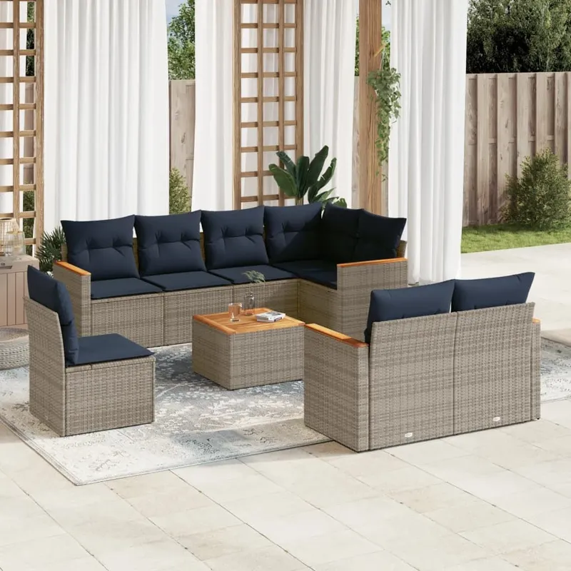 9 pezzi set divano da giardino con cuscini, grigio, polyrattan