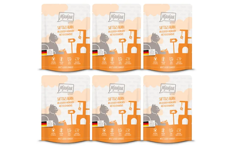 Mjamjam Nassfutter Quetschie Huhn & Mörchen, 6 x 300 g