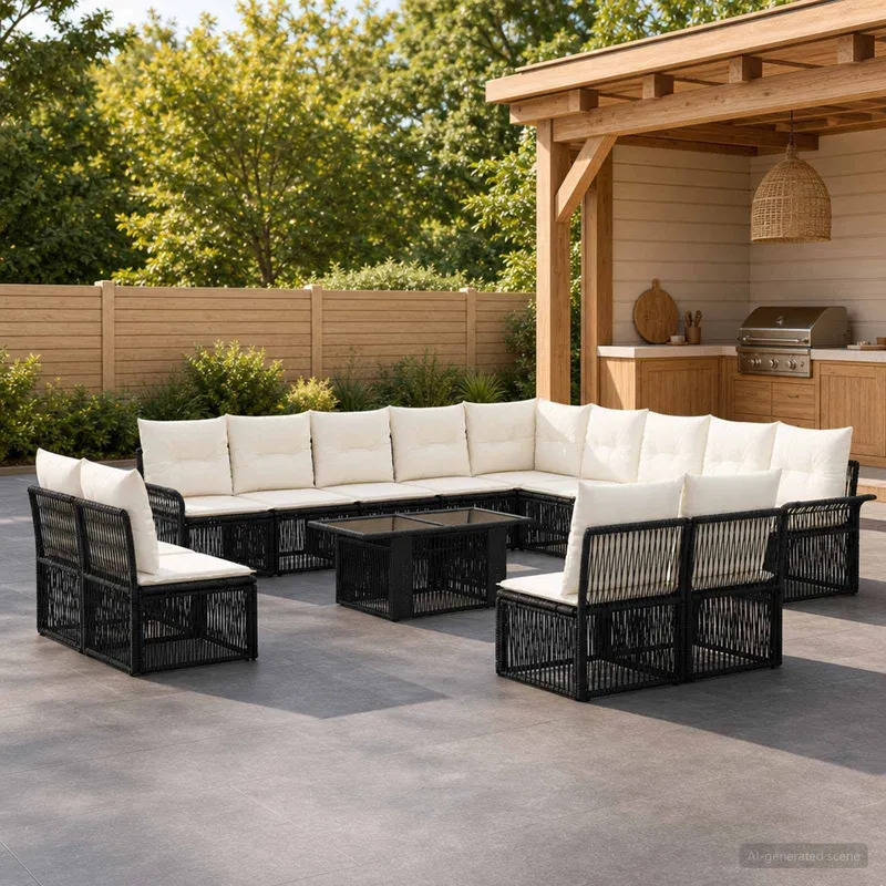 Ensemble de canapé de jardin 14 pc Noir et blanc crème