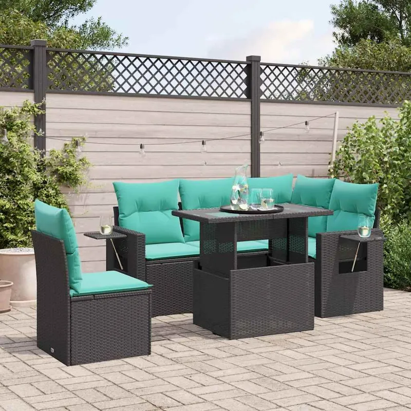 6 pezzi set divano da giardino con cuscini, nero polyrattan