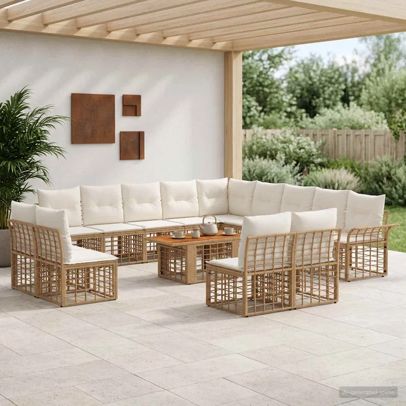 Ensemble de canapé de jardin 14 pc Blanc Naturel et Crème
