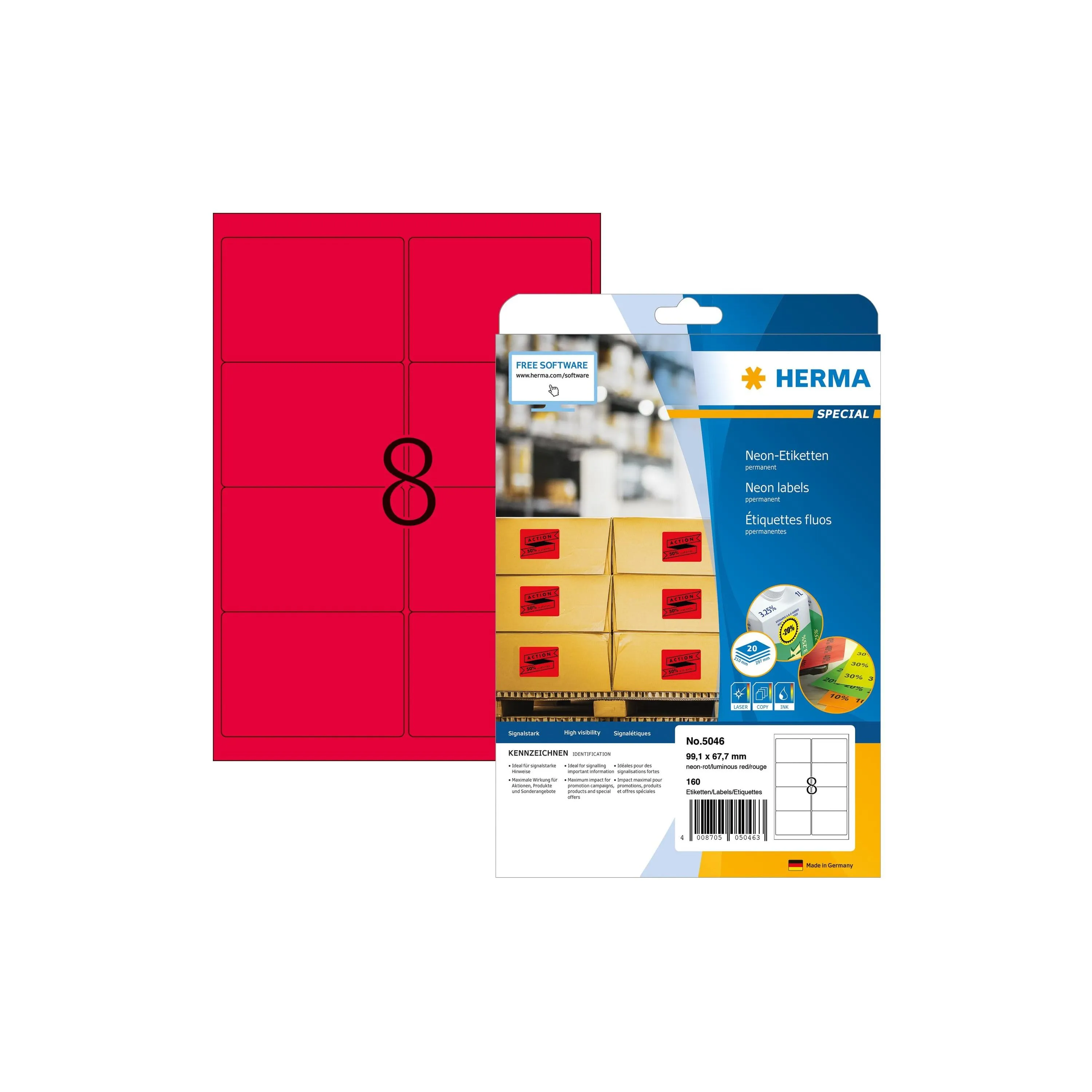 HERMA Neonetiketten A4, 99,1 x 67,7 mm, leuchtrot, 160 Etiketten