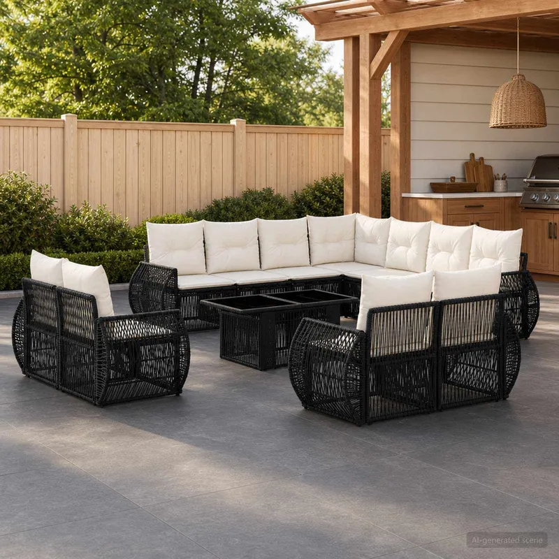 Gartensofa-set 12 stk. Schwarz und Cremeweiß Poly-Rattan
