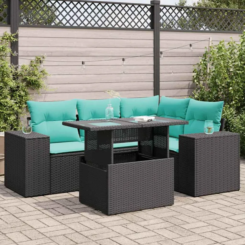 5-tlg. Garten-Sofagarnitur mit Kissen Schwarz Poly Rattan
