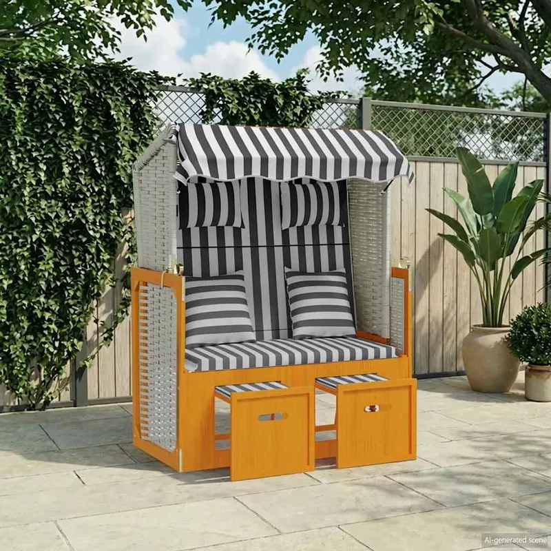 Strandkorb mit Kissen Poly Rattan & Massivholz bianco & grigio