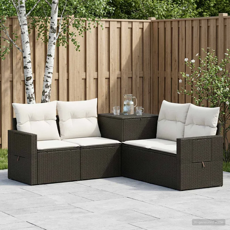 divano Set 5 pz. nero e bianco crema polyrattan e acciaio