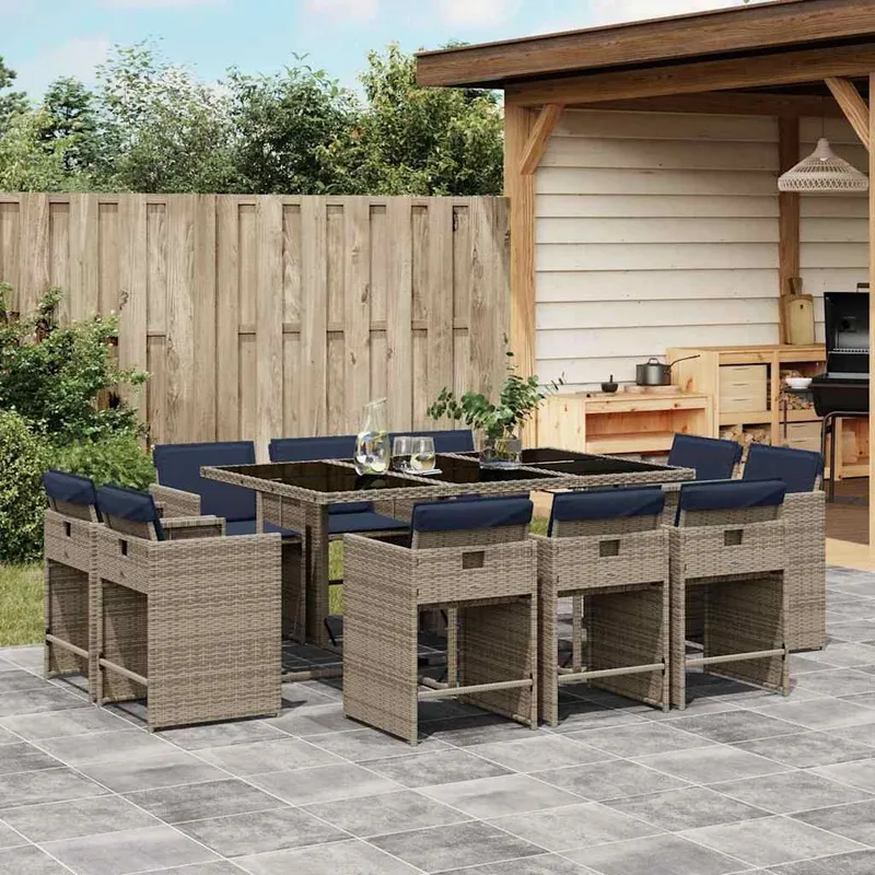 11-teiliges Garten-Ess-Set mit Kissen, grau, Polyrattan